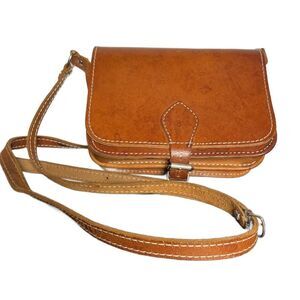 Vintage Tan Structured Leather Crossbody Bag Made in Greece